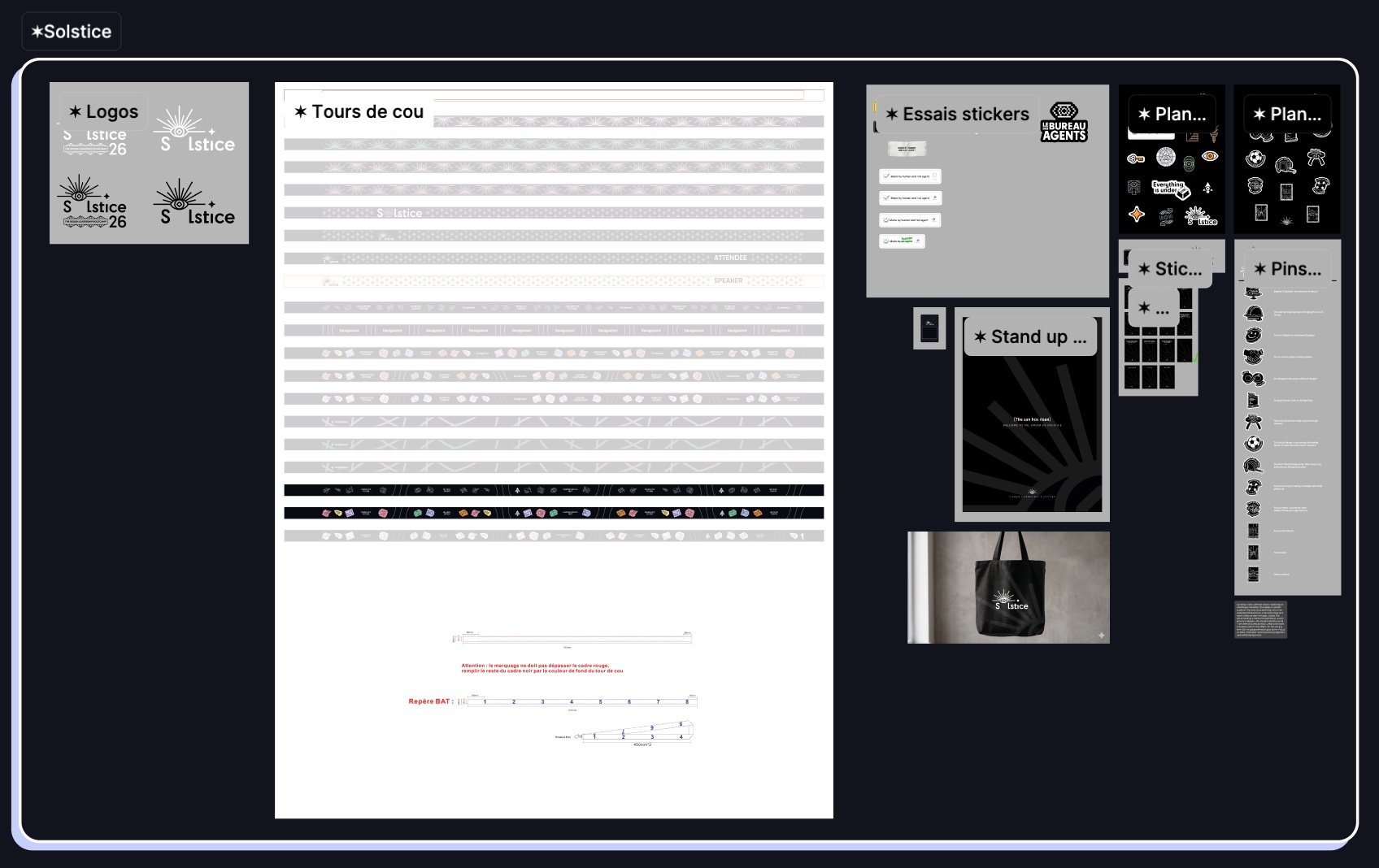The full visual system: logos, lanyards, stickers, pins and goodies
